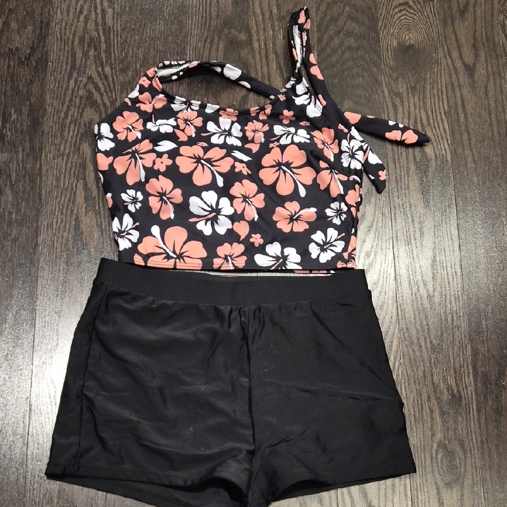 Floral Tankini Swimsuit with Black Bottoms Size S